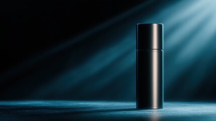 Fototapeta premium Sleek black bottle illuminated by soft blue light, showcasing minimalist design in dark setting