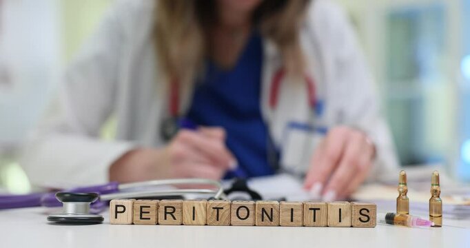 Doctor writes medical report detailing diagnosis of Peritonitis surrounded by stethoscope and ampoules on desk. Urgency of patient care in hospital