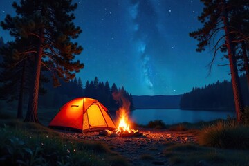A crackling campfire under a starlit summer sky, illuminating a tent pitched amidst towering trees The perfect scene for a peaceful and adventurous camping experience , getaway, tent, outdoors