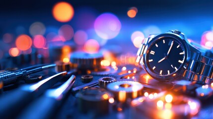 Close-up of a luxury watch on a workbench surrounded by tools and watch parts, with a bokeh background