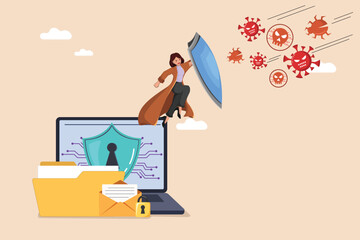 Digital Data and Email Security: A Woman Heroically Defending a Laptop and Documents from Incoming Malware and Virus Threats.