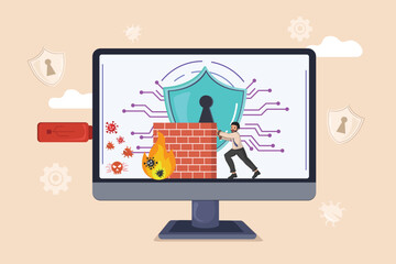 Protecting Your Computer from External Threats: Illustrated Concept of a Firewall Shielding a Monitor from USB and Virus Attacks.