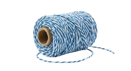 Blue striped cotton bakers twine spool on white background