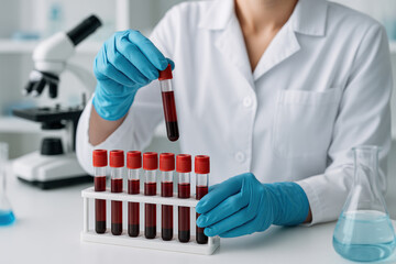 Scientist holding test tube with blood samples.