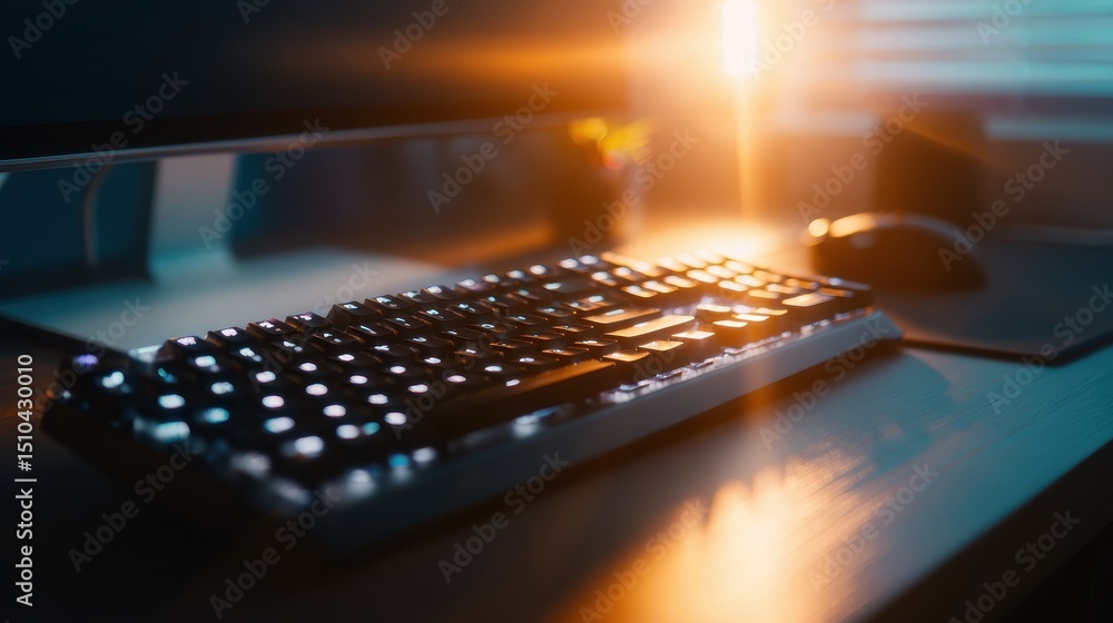 Poster a close-up view of a backlit keyboard and mouse on a desk with warm light streaming in