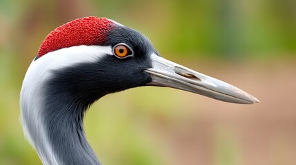 Close-up portrait of a crane bird with a striking red crown © pkproject