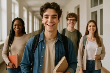 Students walking down hallway.