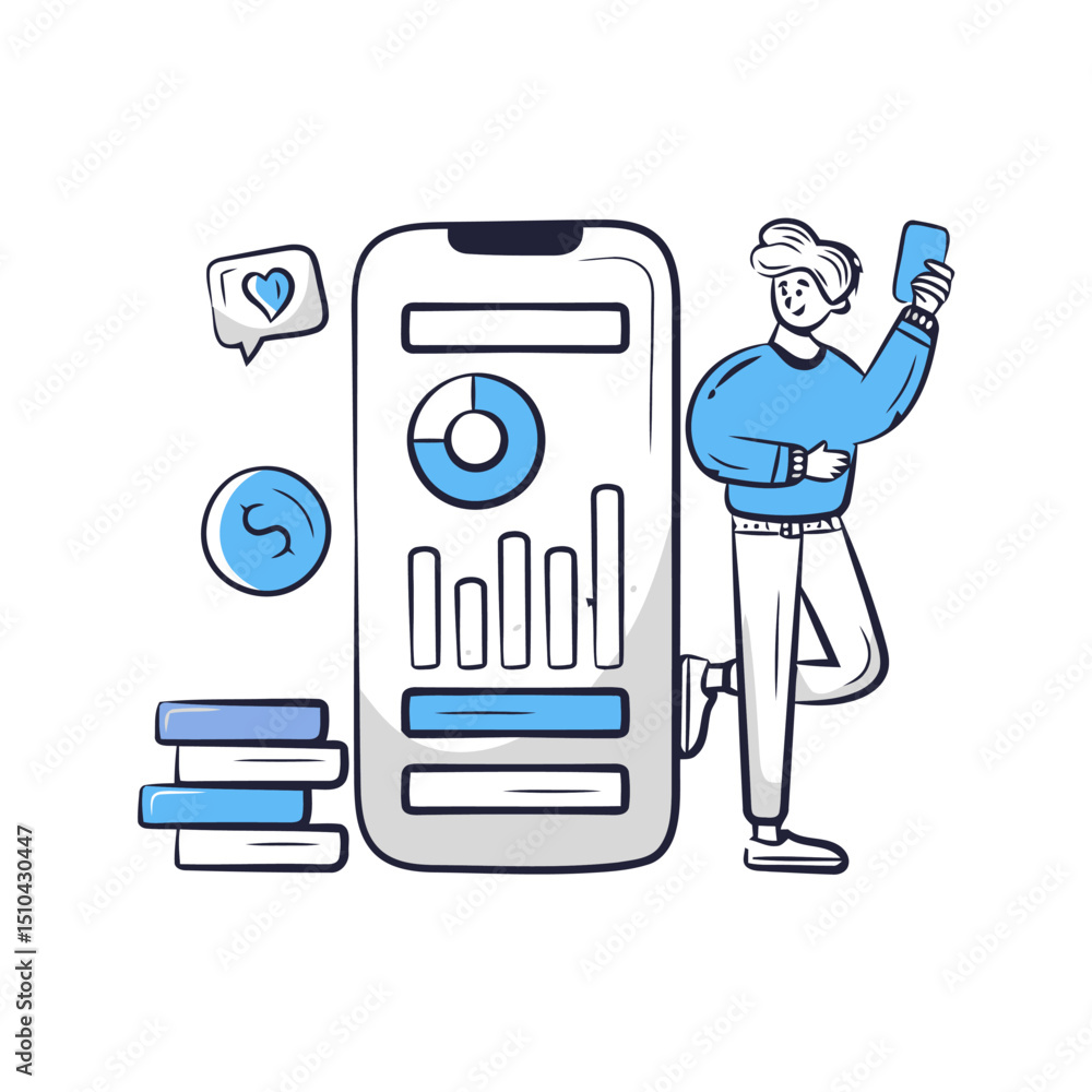 Poster mobile app analytics data analysis business chart graph man phone growth diagram finance interface u