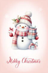 Snowman with a happy expression, rosy cheeks, carrot nose and knitted red and white striped scarf. Greeting card with calligraphic inscription Merry Christmas.
