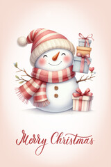 Snowman with a happy expression, rosy cheeks, carrot nose and knitted red and white striped scarf. Greeting card with calligraphic inscription Merry Christmas.