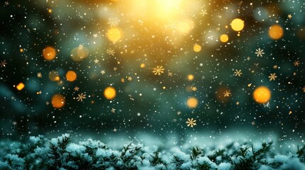 Obraz premium Snowy forest scene, falling snowflakes, golden light, winter wonderland