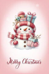 Snowman with a happy expression, rosy cheeks, carrot nose and knitted red and white striped scarf. Greeting card with calligraphic inscription Merry Christmas.