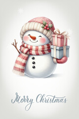 Snowman with a happy expression, rosy cheeks, carrot nose and knitted red and white striped scarf. Greeting card with calligraphic inscription Merry Christmas.