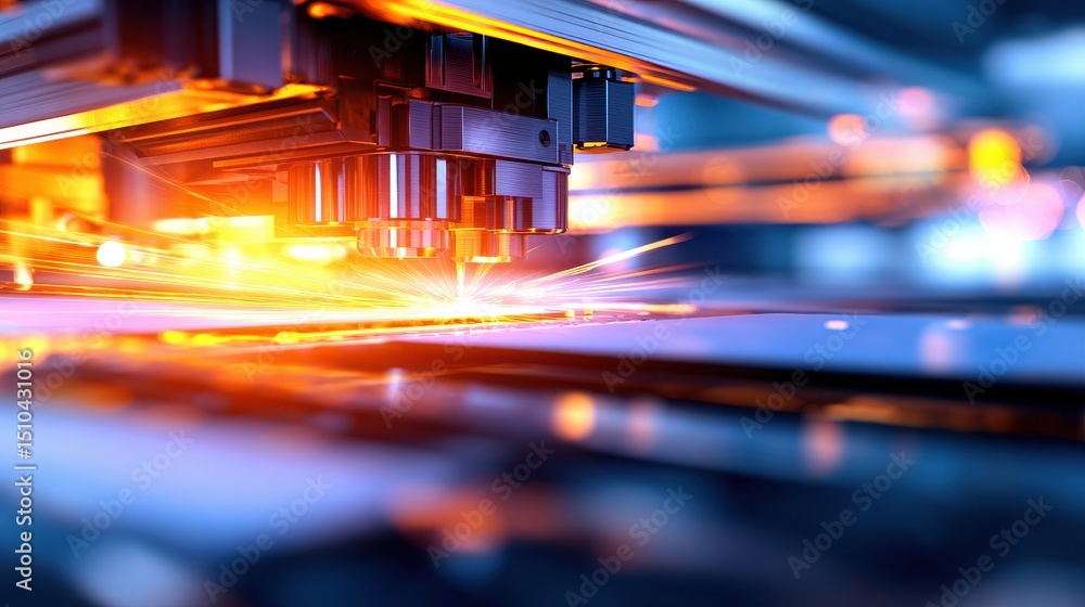 Poster high-tech laser cutting machine operating on metal sheet with sparks flying in workshop