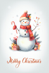 Snowman with a happy expression, rosy cheeks, carrot nose and knitted red and white striped scarf. Greeting card with calligraphic inscription Merry Christmas.
