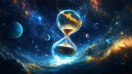 Ethereal Hourglass in Cosmic Space, Symbolizing Time and Infinity with Colorful Galaxies, Planets, and Star Clusters in the Background of a Stunning Universe