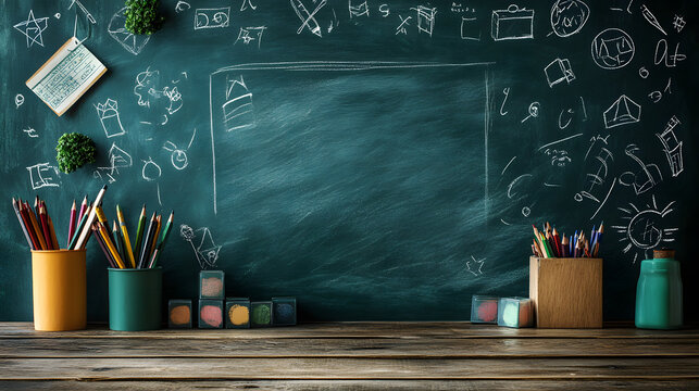 Green school teacher's chalkboard background with doodle and blank copyspace for the concept of education success and childhood imagination