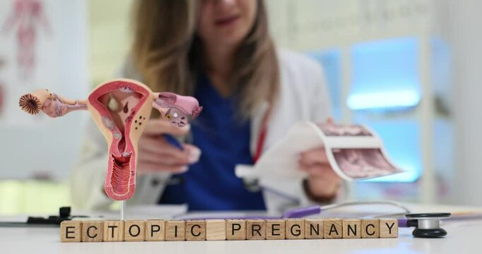 Doctor holds ultrasound scan illustrating Ectopic Pregnancy near model of female reproductive system. Clinical consultation in healthcare setting