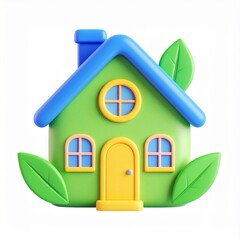Green House with Blue Roof and Yellow Door 3D Render