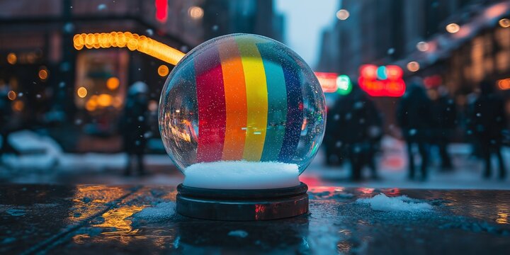 Minimalistic snow globe with a rainbow pride flag inside, placed on a wet surface with snow, against a blurred city street background at dusk