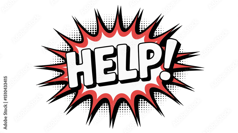 Poster help message is exploding from a comic style speech bubble on a transparent background, creating a d