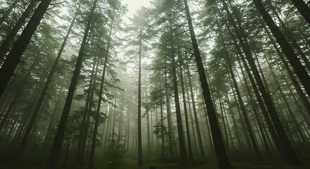 Obraz premium Mysterious Foggy Forest, Tall Trees, Nature Scene