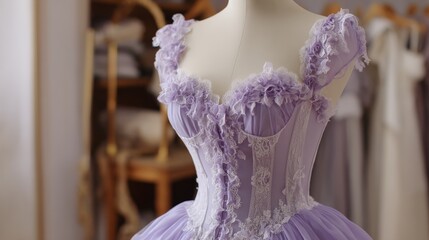Obraz premium Elegant lavender ballet dress with lace details in boutique setting