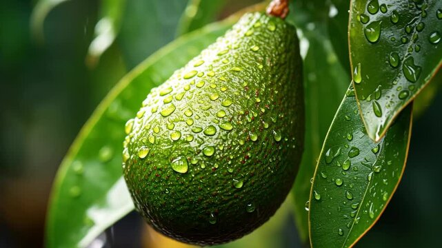 whole fresh avocado covered in water droplets, organic, healthy living, food marketing concept