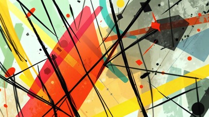 Abstract digital art with geometric shapes layered with linear marks. Colors include red, green, black and yellow on a grey background.