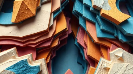 Abstract geometric artwork. Varied, colorful geometric shapes and patterns form a layered composition. The piece has a textured, dimensional effect.