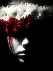 A shadowed face in white makeup with red streaks and a crown of white and red flowers evokes mystery, sorrow, and symbolic resistance.