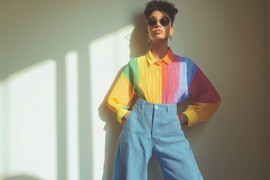 Tall, androgynous model wearing a colorful rainbow-striped shirt and high-waisted jeans, standing against a light-colored wall with shadows cast by sunlight