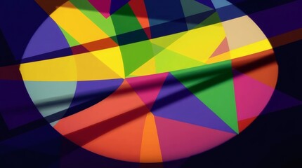 A stock image suggestion shows a vibrant geometric kaleidoscope of overlapping colors. The image is mostly circular, and set against a dark background.