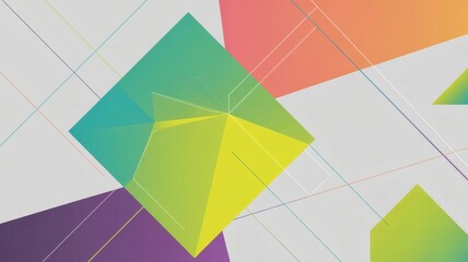 Colorful geometric background. A central green pyramid with orange and purple elements surrounds it with thin white geometric lines crossing the canvas.