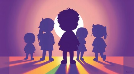 A silhouette of a group of children is set against a stylized backdrop. The image is likely stock art, to be used in commercial design projects.