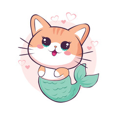 Cute cat mermaid kawaii cartoon illustration