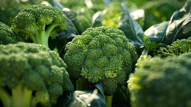 fresh broccoli closeup on market stall with vibrant green florets and stems concept of organic vegetables healthy eating and farmers market produce