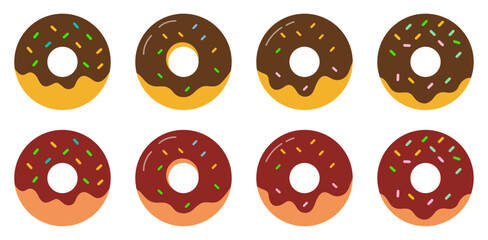 Obraz premium Chocolate glazed donuts vector set. Cartoon doughnuts with colorful sprinkles. Vector flat icons for Bakery, sweet food, dessert menu, kids party, clipart, cafe decor, stickers. Vector illustration.