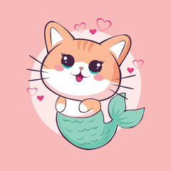 Cute cat mermaid kawaii cartoon illustration
