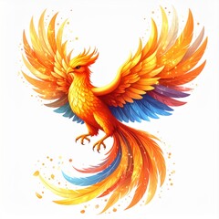 Fototapeta premium Fiery Phoenix in Flight: Orange Gold Blue Feathers
