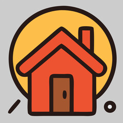 Real estate icon vector showing round sun and red roof house for cozy residential property or realty promotional branding.