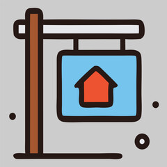 Real estate icon vector of house sale hanging sign, property business graphic with pole and clean design for market, realtor or agency.