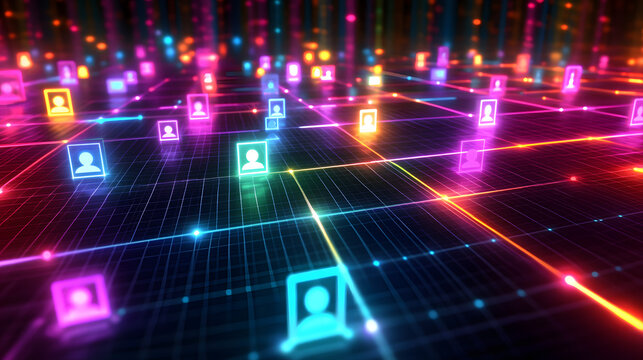 A dynamic digital network showcasing virtual profiles in a futuristic representing data-driven recruitment
