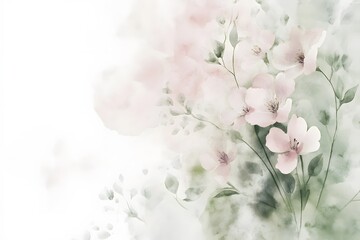 Watercolor floral bouquet in soft pink and sage green hues, set against a white background in a cottagecore style. The colors are muted and neutral,