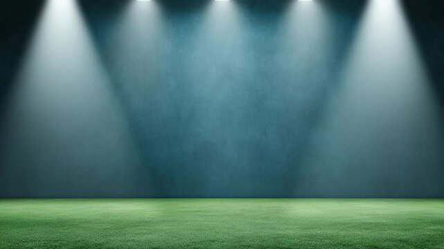 Illuminated Green Field Stage, Spotlight Background, Dramatic Lighting,Empty Stadium, Soccer Field, Sport Arena,  Night Scene, Concrete Wall, Grass Texture