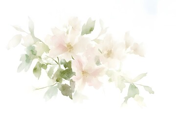 Watercolor floral bouquet in soft pink and sage green hues, set against a white background in a cottagecore style. The colors are muted and neutral,