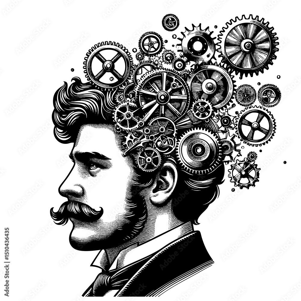 Poster man profile with gears, tools, lightbulb symbolizing innovation and creativity sketch engraving gene