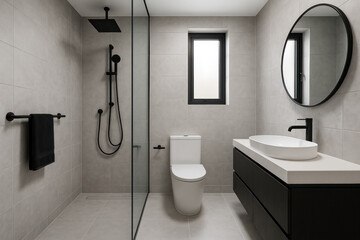 Reflection of sink and toilet in bathroom mirror.