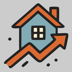 Real estate icon vector of house with upward arrow, illustrating property value increase, investment, market growth, and sales.