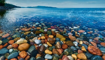 multi colored river rocks submerged in water